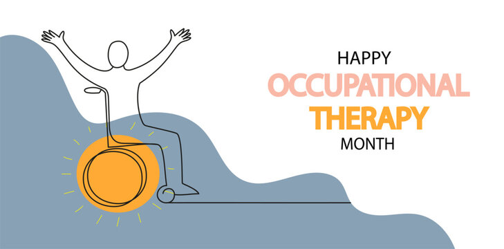 Occupational Therapy month vector line art doodle banner. Person in wheelchair. Continuous line drawing illustration for greeting card, poster, social media - Powered by Adobe