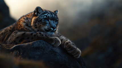 Fototapeta premium A snow leopard resting on a rock, its piercing blue eyes staring into the distance, thick fur catching soft ambient light