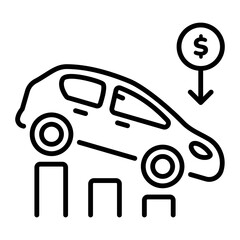 A line style icon of a declined car with a coin showing money depreciation 