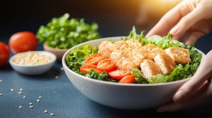 A person holding a vibrant bowl of fresh food with tofu and greens for a delicious and healthy dining experience