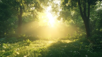 Enchanted Forest Sunrise with Sunbeams and Glittering Air Particles
