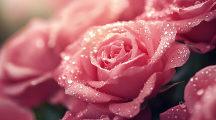 Close-up Pink Rose with Water Droplets Sparkling in the Light Showing Delicate Petals