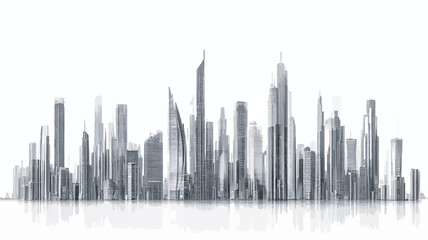 Obraz premium A grayscale digital rendering of a modern city skyline. The image features numerous skyscrapers of varying heights and designs, depicted in a monochromatic palette against a white background. The