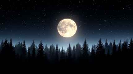 Full Moon Shining Over Dark Forest at Night with Starry Sky