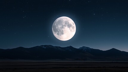 Fototapeta premium Full Moon Rising Over Mountain Range on Starry Night Scenery