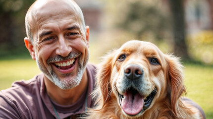Smiling Man with Golden Retriever Dog in Park Taking Selfie Portrait Outdoors Friendship Bond Pet Owner Happiness Nature Walk