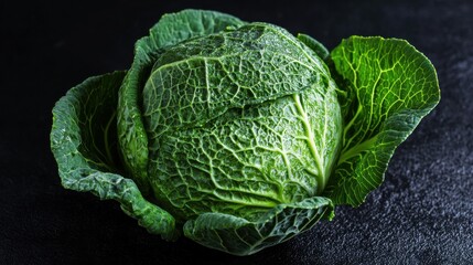 Fototapeta premium A high-resolution close-up of a whole cabbage with tightly packed leaves, placed on a black surface. The contrast between the vibrant green and the dark background emphasizes the vegetable detail.