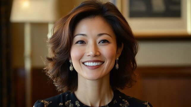Smiling Asian woman with stylish hair wears earrings and patterned blouse. Great for demonstrating success, confidence, or professional woman image.