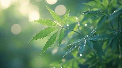 Hemp leaves, the natural source of beauty, adorned with delicate lotions and potions, exuding a sense of organic elegance and wellness.