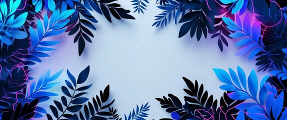 Obraz premium cyan black gradient glowing edges neon of leaves patterns on plain white background illustration design concept backdrop