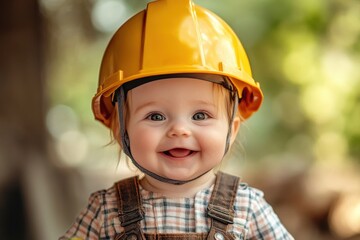 A smiling baby wears a yellow hard hat and brown overalls outdoors. It represents early childhood dreams or a future career concept.