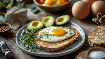 breakfast spread featuring fresh eggs, whole grain toast, and avocado slices on a rustic table 