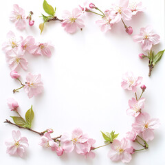 Fototapeta premium Pink Cherry Blossom Frame on White Background Delicate Spring Floral Design