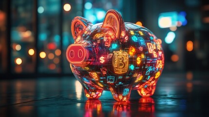 A transparent piggy bank, illuminated with glowing, colorful symbols of cryptocurrency and finance, stands on a reflective surface against a blurred night city backdrop.