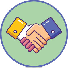 Vector handshake icon in circular design, A vector illustration of a handshake between two hands in different colors, set inside a circular green background.  
