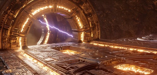 Obraz premium Massive Alien Gateway Leading to an Ancient Starship Dock Intricate Platinum Engravings and Plasma Energy Beams
