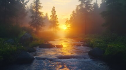 Enchanted Forest Sunrise with Sunbeams and Glittering Air Particles