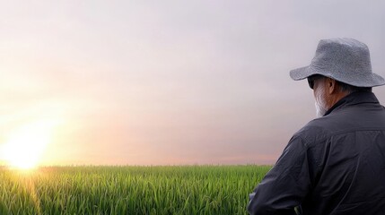 Man in Gray Hat Observing Sunrise Over Lush Green Rice Field