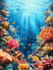 Naklejka premium Vibrant Underwater Scene with Colorful Coral Reefs and Tropical Fish Illuminated by Sunlight Streaming Through Clear Water