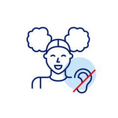 Young girl and ear crossed. Hearing impaired people accessibility. Muted user announcements. Pixel perfect, editable stroke vector icon