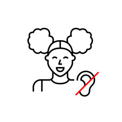 Young girl and ear crossed. Hearing impaired people accessibility. Muted user announcements. Pixel perfect, editable stroke vector icon