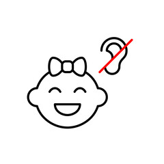Smiling baby girl and no ear symbol. Silent nursery mode, hearing-impaired baby care, no sound alerts. Pixel perfect, editable stroke vector icon