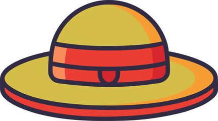 Vector yellow and red summer hat illustration, A vector illustration of a yellow summer hat with a red band, designed for sunny days and outdoor activities.  
