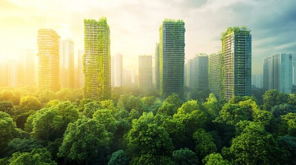 Fototapeta premium Lush green urban landscape showcasing eco-friendly skyscrapers surrounded by vibrant trees and nature., Business concept