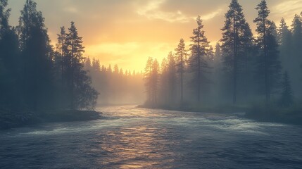 Enchanted Forest Sunrise with Sunbeams and Glittering Air Particles