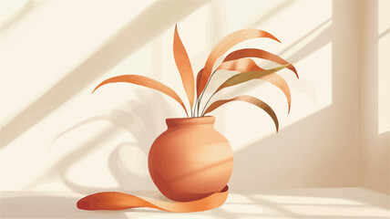 Fototapeta premium Digital illustration depicting a stylized terracotta-colored vase containing a plant with long, slender leaves. The vase sits on a light-colored surface, bathed in soft, warm sunlight streaming