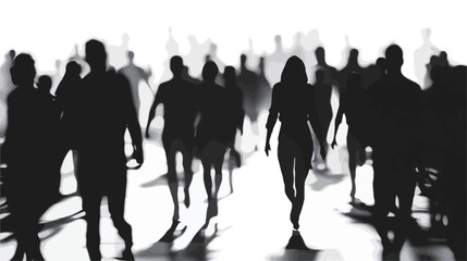 Obraz premium The image is a grayscale photograph depicting a large crowd of people in motion. The figures are rendered as silhouettes, lacking individual detail and facial features. The overall effect is one of