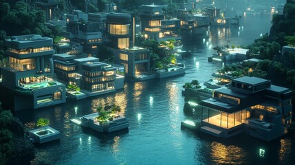 Obraz premium digital 3d isometric illustration of a futuristic eco-smart riverside city at night
