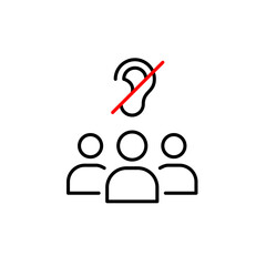 Group of people and ear crossed. Hearing impaired support group, inclusive environment. Confidential discussion, silent retreat or a focused work session. Pixel perfect, editable stroke vector icon