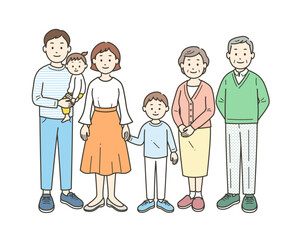 二世代（三世代）の家族が集合した全身イラスト
