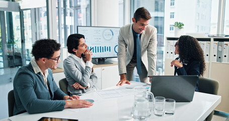 Finance, manager or business people with shareholders in discussion for paperwork, charts data or capital growth. Planning, budget graphs or financial advisors in meeting with directors or documents