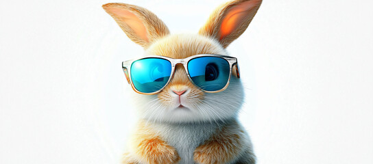 Fototapeta premium A cheerful and whimsical bunny wearing vibrant blue sunglasses, perfect for Easter promotions, greeting cards, and fun social media posts.