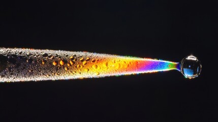 Macro photography of crystal-clear raindrops on glass, bending light into tiny, prismatic rainbow bursts.
