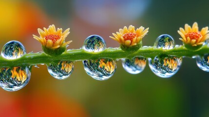 Macro photography of crystal-clear raindrops on glass, bending light into tiny, prismatic rainbow bursts.