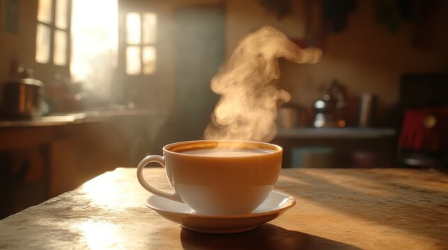 A steaming cup of masala chai, a fragrant elixir of spices and milky warmth, held in delicate porcelain, promising a moment of pure bliss.