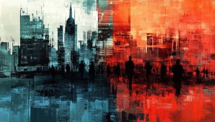 Naklejka premium Urban cityscape, contrasting colors, abstract. Crowded city scene, vibrant hues, digital art