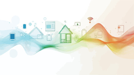 Fototapeta premium The image is a digital illustration featuring a stylized representation of a home network. It depicts several small house icons and other abstract shapes scattered over a flowing, colorful wave
