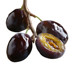 Ripe plums fruits with green leaves isolated on white and transparent background. PNG cutout.	

