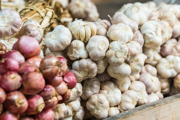 Bundles of fresh garlic and shallots displayed at a market stall, showcasing the vibrant colors and textures of these aromatic ingredients