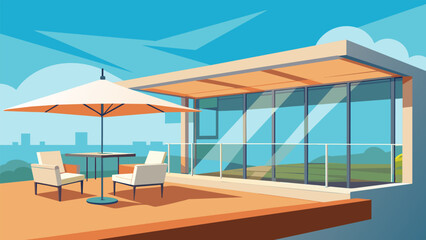 Fototapeta premium A rooftop terrace designed for outdoor living with glass walls and a sunshade that allows natural light to illuminate the space while also providing shade on sunny days.. Vector illustration