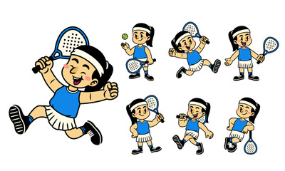Cartoon Set of Woman Padel Ball Athlete Mascot