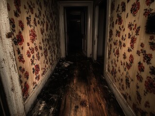 Obraz premium Spooky Hallway Scene, Dark Interior, Mystery, Scary Atmosphere