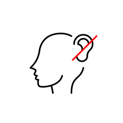 Head and ear crossed. Hearing impaired people, loss of hearing and treatment. Pixel perfect, editable stroke vector icon