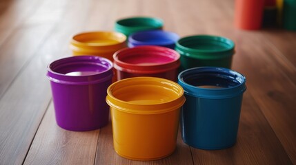 A close-up shot of several house paint buckets in various vibrant colors, neatly arranged on a wooden floor. The lids are slightly open, revealing the rich and smooth paint inside.