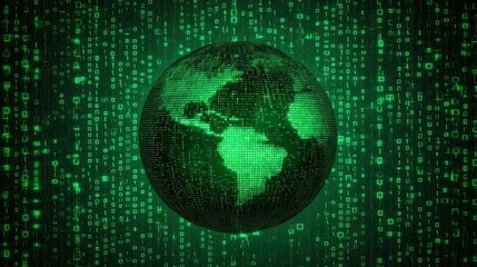 Naklejka premium Green Digital Globe Surrounded by Matrix Style Binary Code