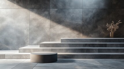 A minimalist scene unfolds, featuring an austere, empty stone podium against a backdrop of muted gray, inviting contemplation and creative exploration.